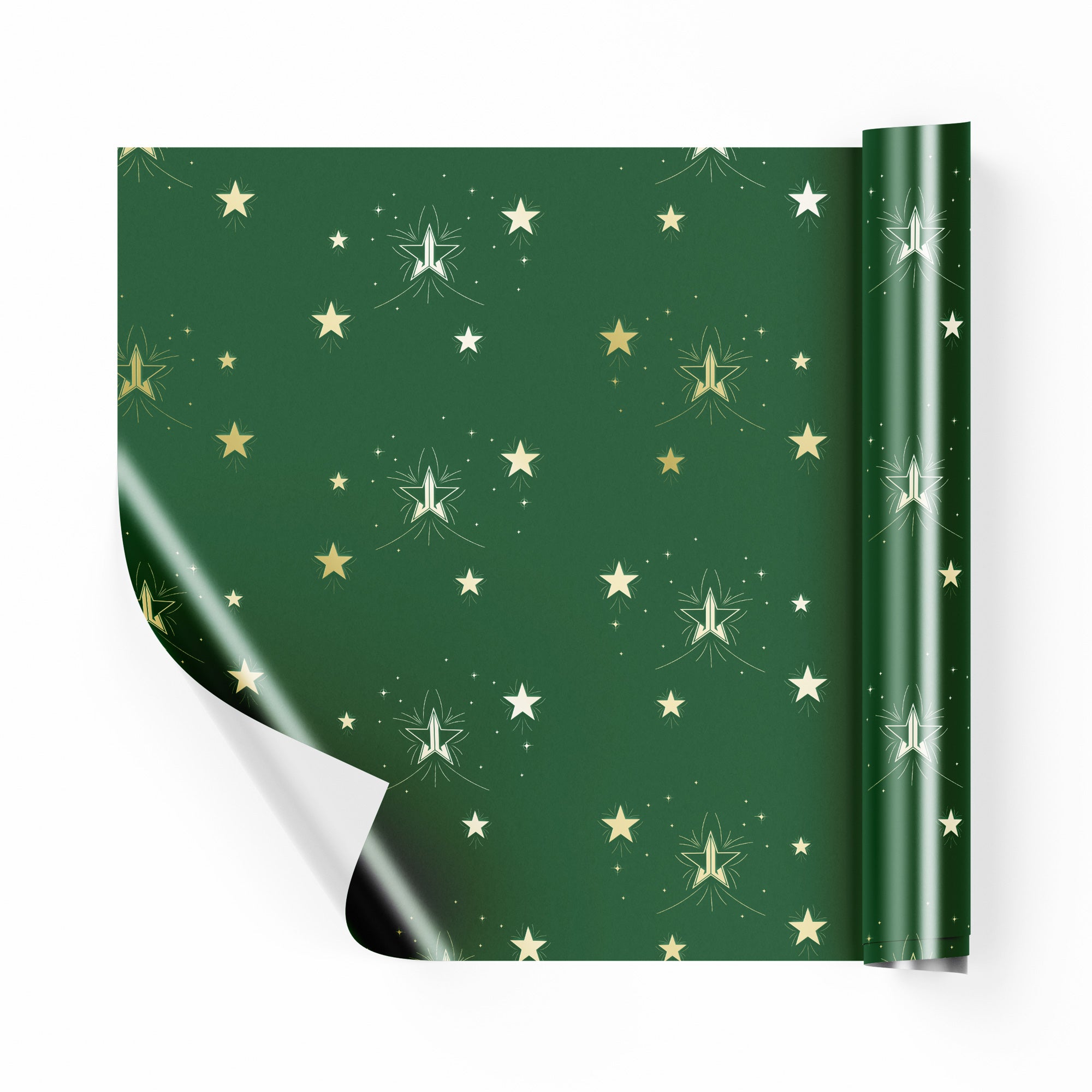 Green base wrapping paper with gold stars and Jeffree Star Cosmetics Logos